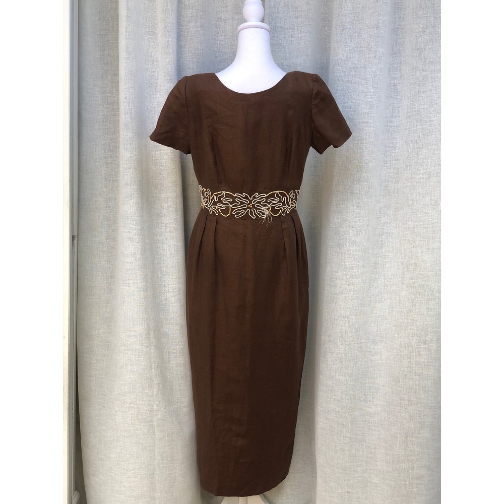 Donna Morgan chocolate brown short sleeve linen dress beaded waist embroidery - Picture 4 of 10